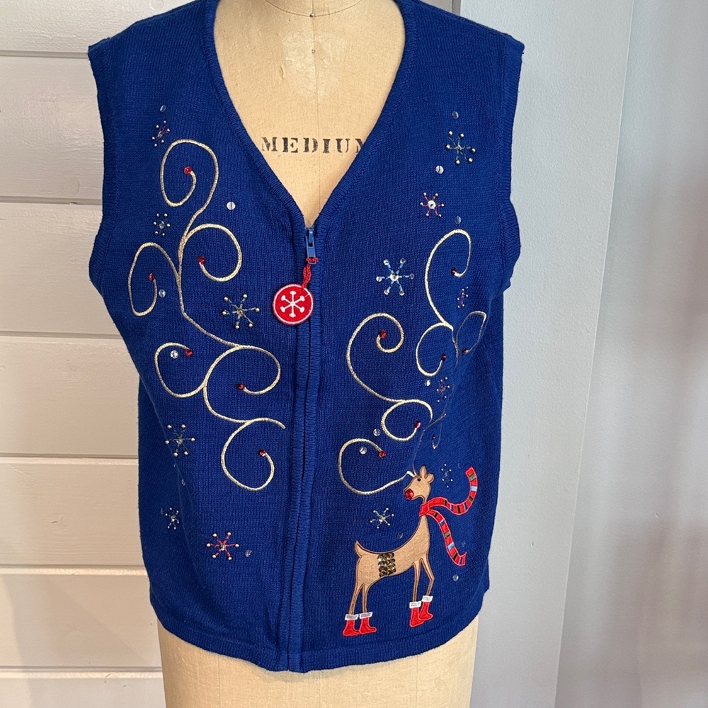 Vintage Christmas Sweater Vest Reindeer Blue Reindeer Embroidered by CDP & Co.